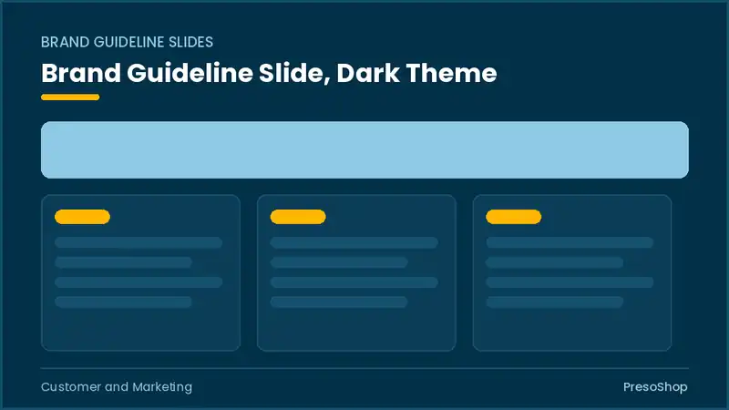 Editable PowerPoint brand guideline slide template in a dark theme, built from recolourable native shapes for customer and marketing decks