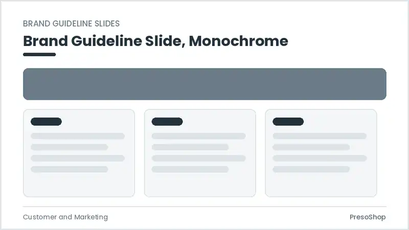 Editable PowerPoint brand guideline slide template in a monochrome treatment, built from recolourable native shapes for customer and marketing decks
