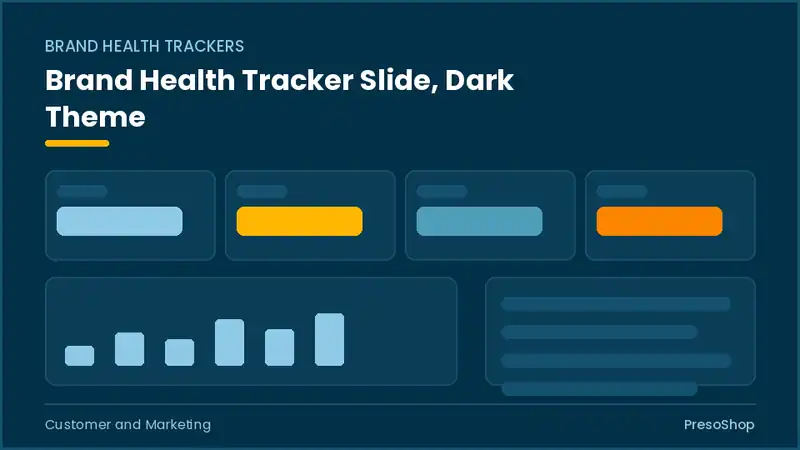 Editable PowerPoint brand health tracker slide template in a dark theme, built from recolourable native shapes for customer and marketing decks