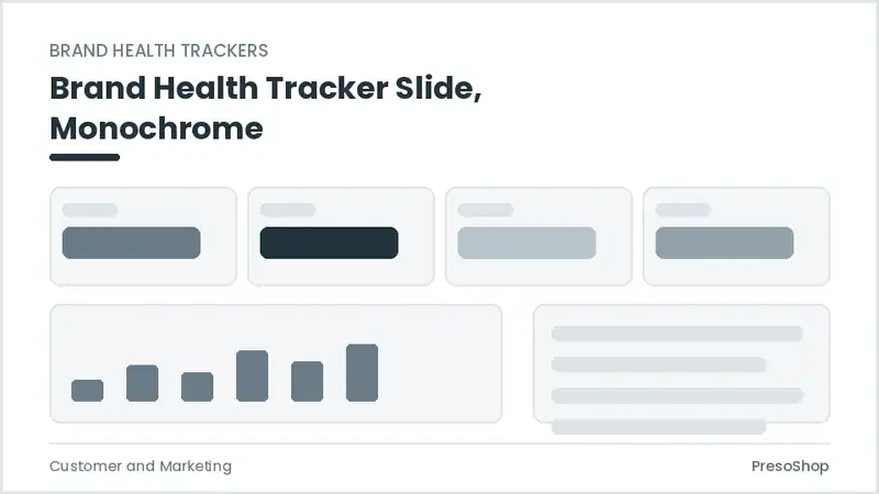 Editable PowerPoint brand health tracker slide template in a monochrome treatment, built from recolourable native shapes for customer and marketing decks