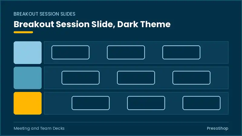 Editable PowerPoint breakout session slide template in a dark theme, built from recolourable native shapes for meeting and team decks decks