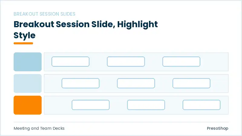 Editable PowerPoint breakout session slide template with an accented takeaway, built from recolourable native shapes for meeting and team decks decks