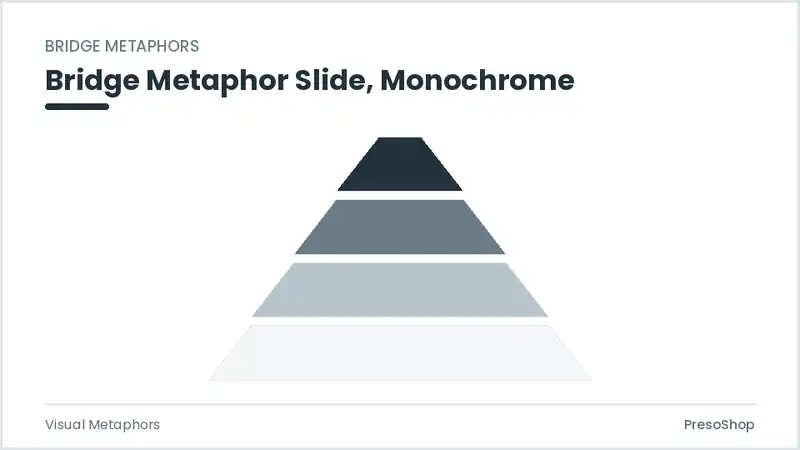 Editable PowerPoint bridge metaphor slide template in a monochrome treatment, built from recolourable native shapes for visual metaphors decks