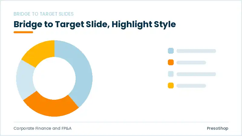 Editable PowerPoint bridge to target slide template with an accented takeaway, built from recolourable native shapes for corporate finance and fp&a decks