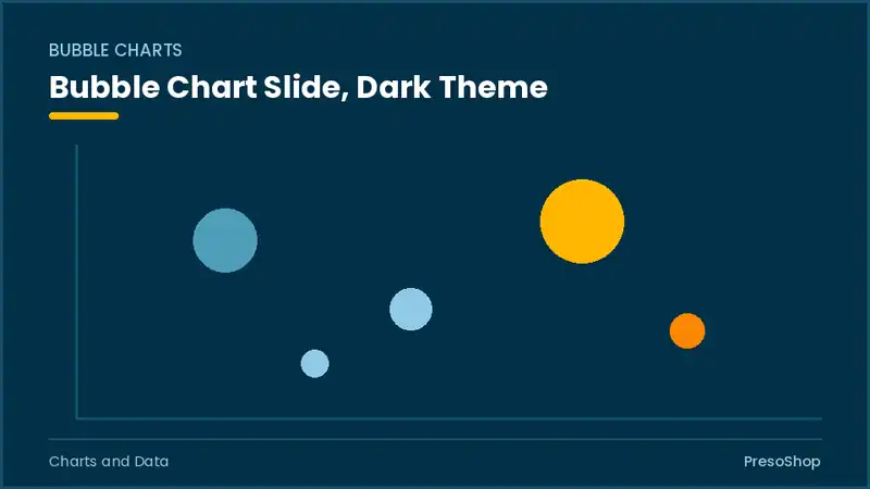 Editable PowerPoint bubble chart slide template in a dark theme, built from recolourable native shapes for charts and data decks