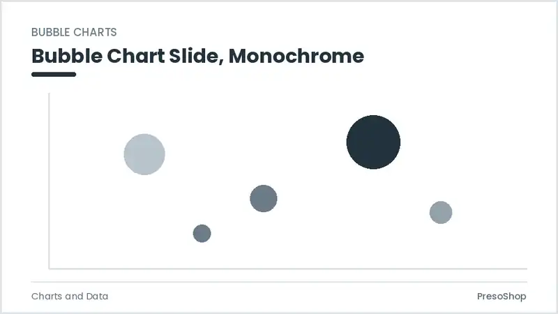 Editable PowerPoint bubble chart slide template in a monochrome treatment, built from recolourable native shapes for charts and data decks