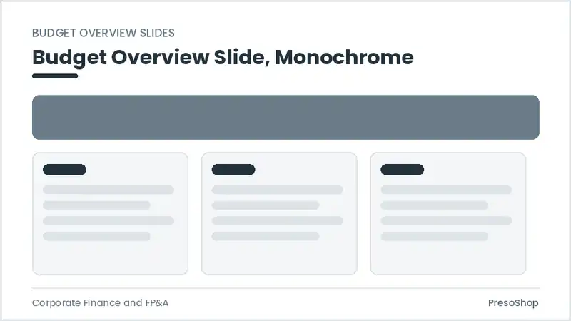 Editable PowerPoint budget overview slide template in a monochrome treatment, built from recolourable native shapes for corporate finance and fp&a decks