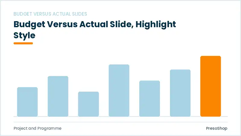 Editable PowerPoint budget versus actual slide template with an accented takeaway, built from recolourable native shapes for project and programme decks