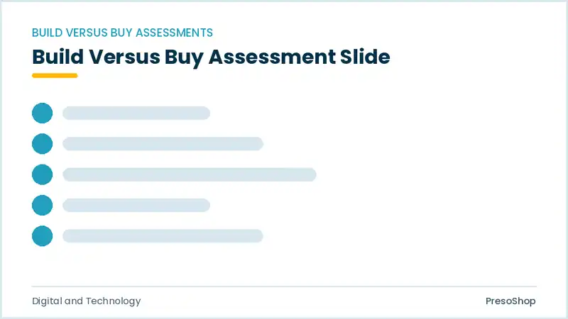 Editable PowerPoint build versus buy assessment slide template, built from recolourable native shapes for digital and technology decks