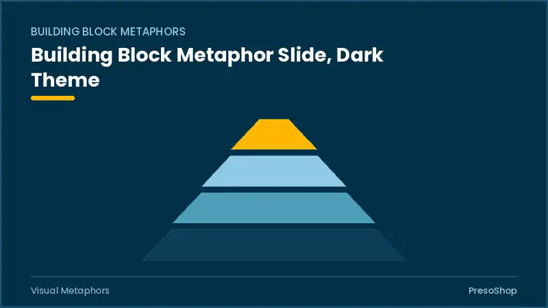 Editable PowerPoint building block metaphor slide template in a dark theme, built from recolourable native shapes for visual metaphors decks