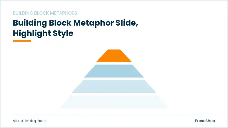 Editable PowerPoint building block metaphor slide template with an accented takeaway, built from recolourable native shapes for visual metaphors decks