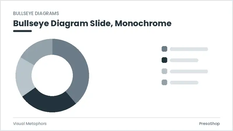Editable PowerPoint bullseye diagram slide template in a monochrome treatment, built from recolourable native shapes for visual metaphors decks