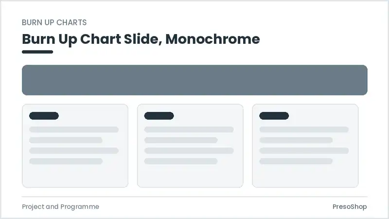 Editable PowerPoint burn up chart slide template in a monochrome treatment, built from recolourable native shapes for project and programme decks