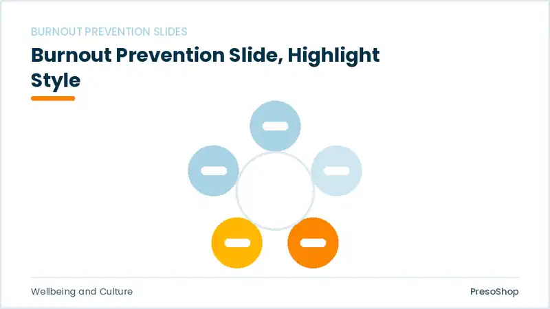 Editable PowerPoint burnout prevention slide template with an accented takeaway, built from recolourable native shapes for wellbeing and culture decks
