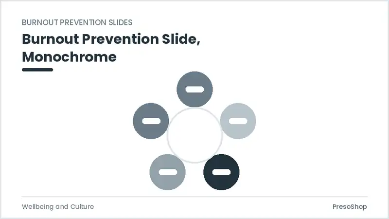 Editable PowerPoint burnout prevention slide template in a monochrome treatment, built from recolourable native shapes for wellbeing and culture decks