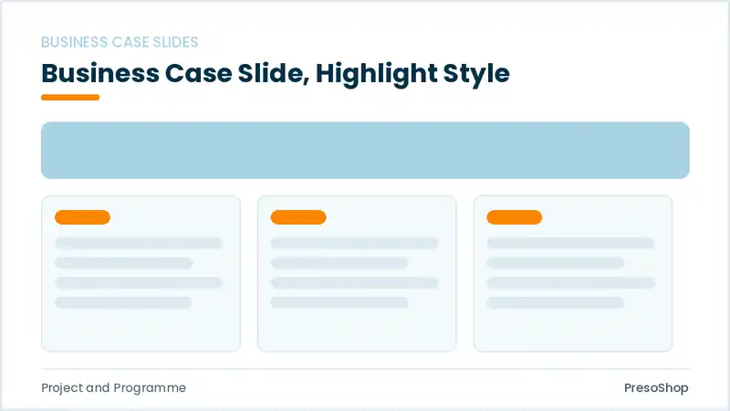 Editable PowerPoint business case slide template with an accented takeaway, built from recolourable native shapes for project and programme decks