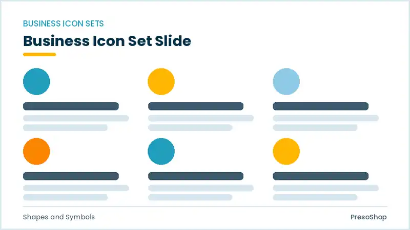 Editable PowerPoint business icon set slide template, built from recolourable native shapes for shapes and symbols decks