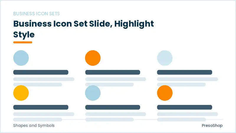 Editable PowerPoint business icon set slide template with an accented takeaway, built from recolourable native shapes for shapes and symbols decks
