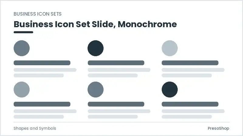 Editable PowerPoint business icon set slide template in a monochrome treatment, built from recolourable native shapes for shapes and symbols decks