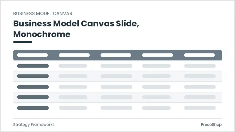 Editable PowerPoint business model canvas slide template in a monochrome treatment, built from recolourable native shapes for strategy frameworks decks