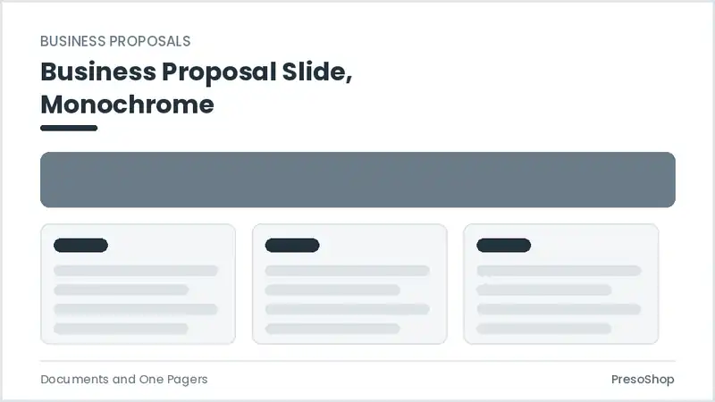 Editable PowerPoint business proposal slide template in a monochrome treatment, built from recolourable native shapes for documents and one pagers decks