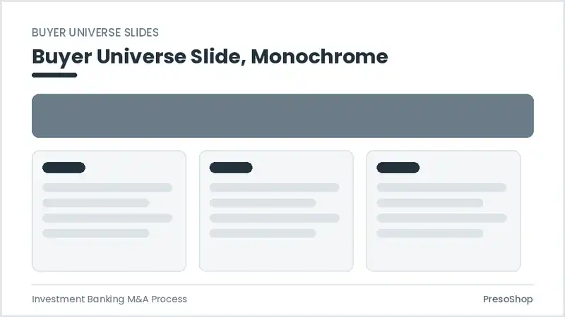 Editable PowerPoint buyer universe slide template in a monochrome treatment, built from recolourable native shapes for investment banking m&a process decks