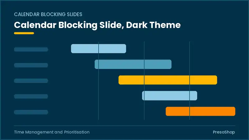 Editable PowerPoint calendar blocking slide template in a dark theme, built from recolourable native shapes for time management and prioritisation decks
