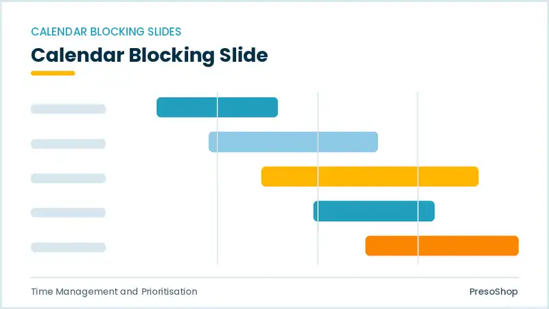 Editable PowerPoint calendar blocking slide template, built from recolourable native shapes for time management and prioritisation decks