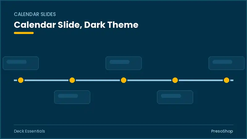 Editable PowerPoint calendar slide template in a dark theme, built from recolourable native shapes for deck essentials decks