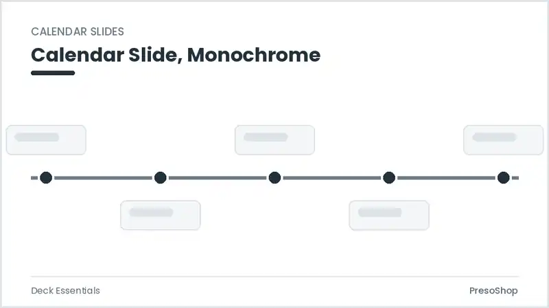 Editable PowerPoint calendar slide template in a monochrome treatment, built from recolourable native shapes for deck essentials decks