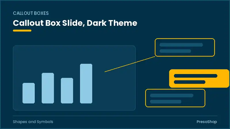Editable PowerPoint callout box slide template in a dark theme, built from recolourable native shapes for shapes and symbols decks