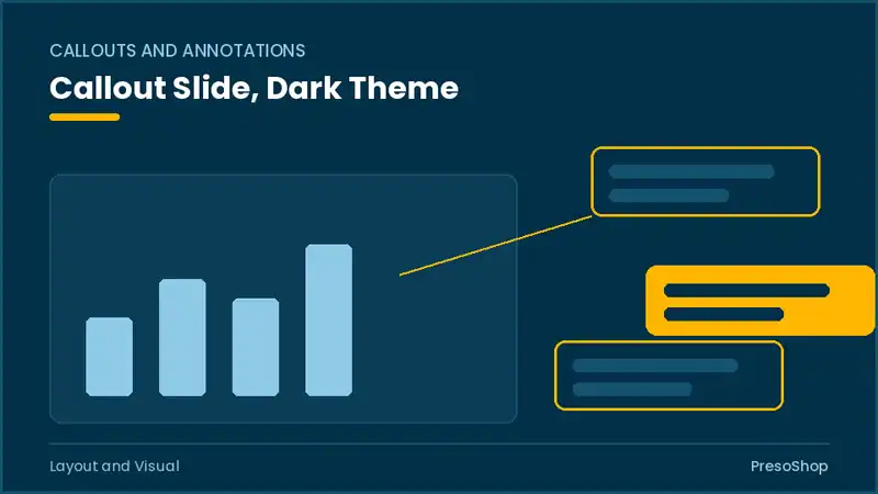Editable PowerPoint callout slide template in a dark theme, built from recolourable native shapes for layout and visual decks