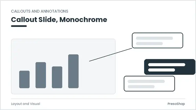 Editable PowerPoint callout slide template in a monochrome treatment, built from recolourable native shapes for layout and visual decks