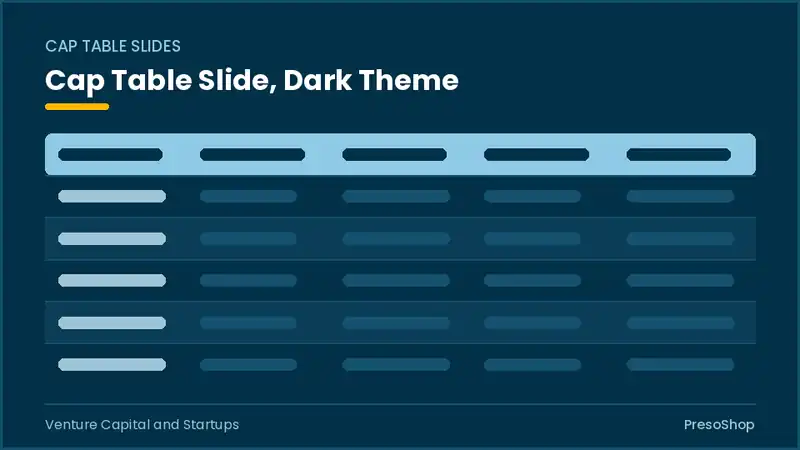 Editable PowerPoint cap table slide template in a dark theme, built from recolourable native shapes for venture capital and startups decks