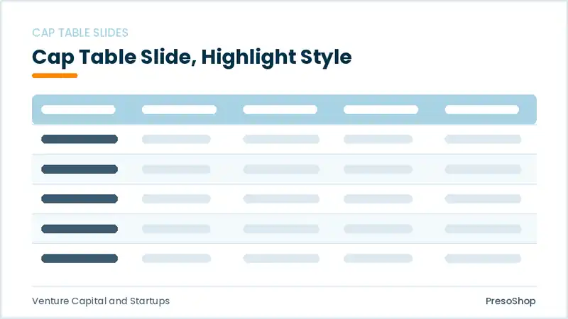 Editable PowerPoint cap table slide template with an accented takeaway, built from recolourable native shapes for venture capital and startups decks