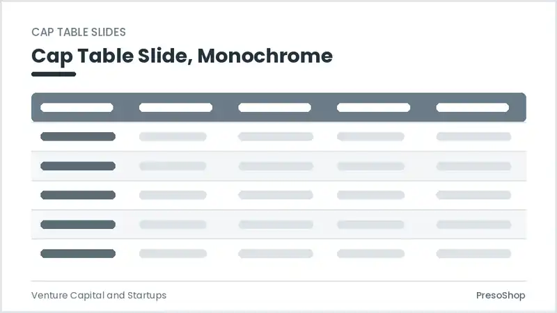 Editable PowerPoint cap table slide template in a monochrome treatment, built from recolourable native shapes for venture capital and startups decks