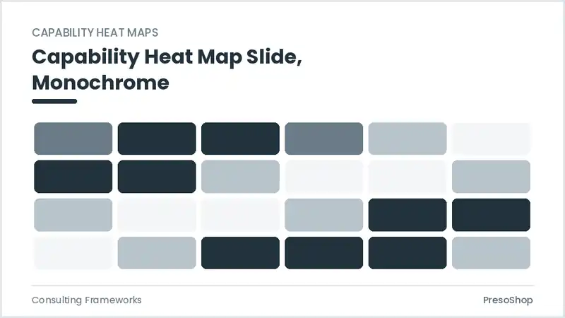 Editable PowerPoint capability heat map slide template in a monochrome treatment, built from recolourable native shapes for consulting frameworks decks