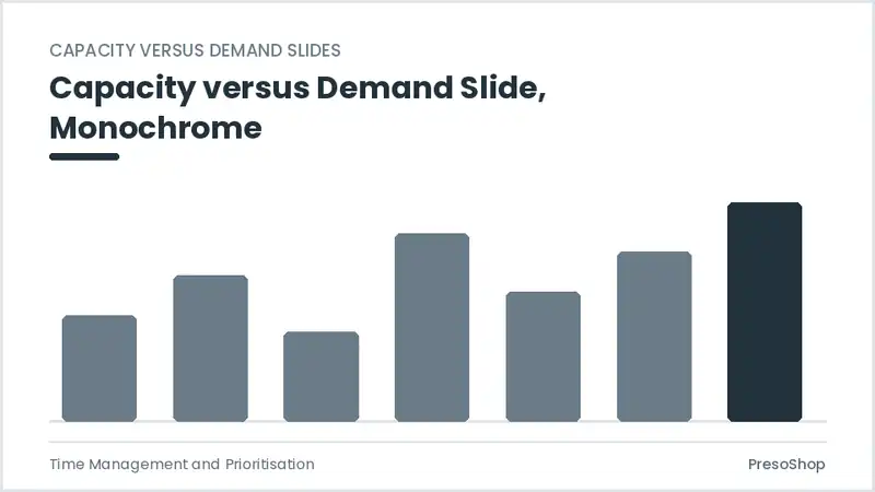Editable PowerPoint capacity versus demand slide template in a monochrome treatment, built from recolourable native shapes for time management and prioritisation decks