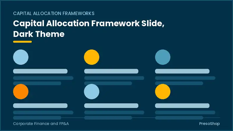 Editable PowerPoint capital allocation framework slide template in a dark theme, built from recolourable native shapes for corporate finance and fp&a decks