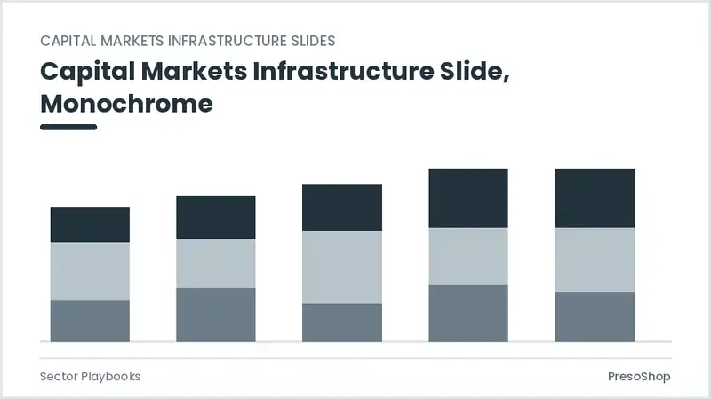 Editable PowerPoint capital markets infrastructure slide template in a monochrome treatment, built from recolourable native shapes for sector playbooks decks