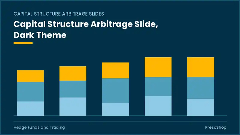 Editable PowerPoint capital structure arbitrage slide template in a dark theme, built from recolourable native shapes for hedge funds and trading decks