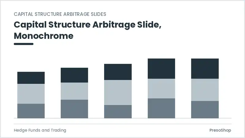 Editable PowerPoint capital structure arbitrage slide template in a monochrome treatment, built from recolourable native shapes for hedge funds and trading decks