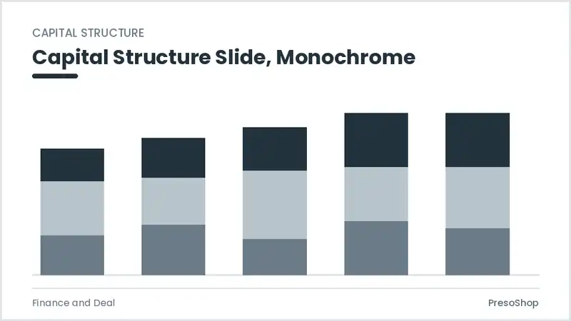 Editable PowerPoint capital structure slide template in a monochrome treatment, built from recolourable native shapes for finance and deal decks