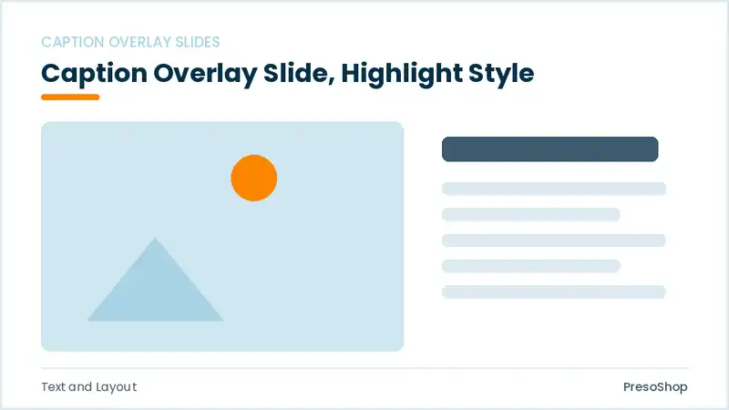 Editable PowerPoint caption overlay slide template with an accented takeaway, built from recolourable native shapes for text and layout decks