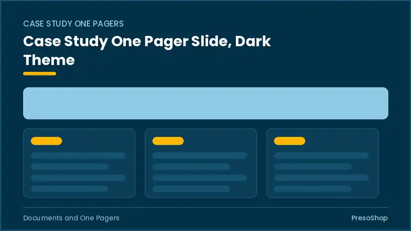 Editable PowerPoint case study one pager slide template in a dark theme, built from recolourable native shapes for documents and one pagers decks
