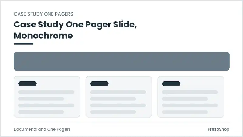 Editable PowerPoint case study one pager slide template in a monochrome treatment, built from recolourable native shapes for documents and one pagers decks