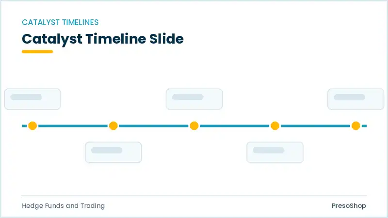 Editable PowerPoint catalyst timeline slide template, built from recolourable native shapes for hedge funds and trading decks