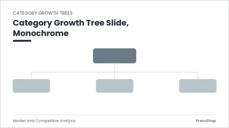 Editable PowerPoint category growth tree slide template in a monochrome treatment, built from recolourable native shapes for market and competitive analysis decks