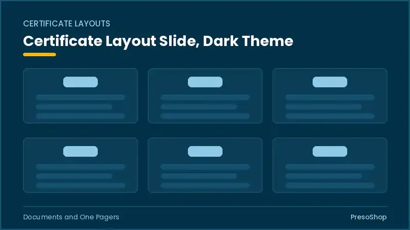 Editable PowerPoint certificate layout slide template in a dark theme, built from recolourable native shapes for documents and one pagers decks
