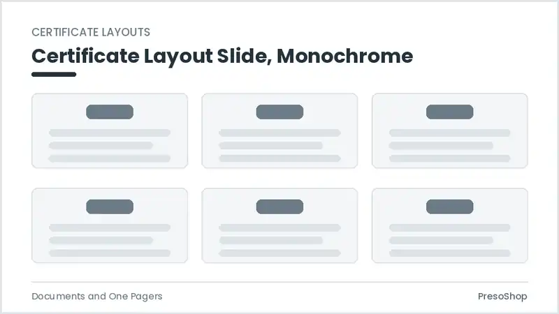 Editable PowerPoint certificate layout slide template in a monochrome treatment, built from recolourable native shapes for documents and one pagers decks
